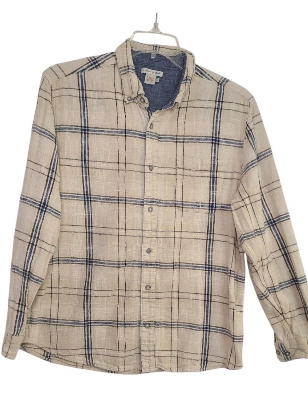 Carbon 2 Cobalt Plaid Button Down Shirt Large Cream Blue Long Sleeve